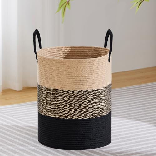 VIPOSCO Large Laundry Hamper, Tall Woven Rope Storage Basket for Blanket, Toys, Dirty Clothes in Living Room, Bathroom, Bedroom - 53L Brown & Black - color: Brown & Black, size: 53L