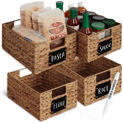 Best Choice Products Set of 4 9x12in Water Hyacinth Pantry Baskets, Woven Organizers w/Chalkboard Label, Chalk Marker - Chestnut - color: Chestnut, size: 9x12x5in