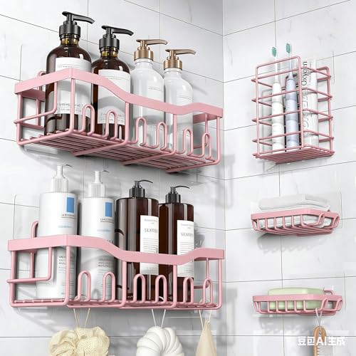 EUDELE 5-Pack Rustproof Stainless Steel Shower Caddy – No Drill Adhesive Bathroom Organizer with Large Capacity, Spacious Shower Shelves for Inside Shower, Kitchen & Home Decor Storage-XL Size - color: Pink