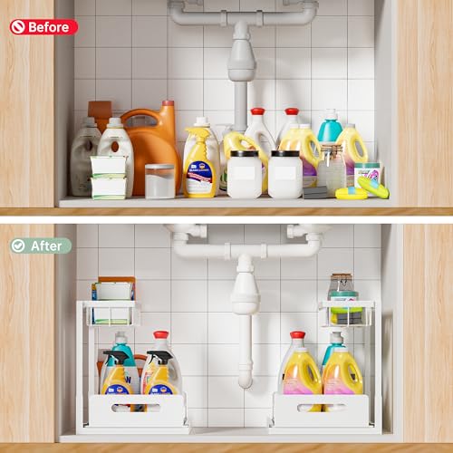 VUSIGN Under Kitchen Sink Organizer 2 Tier, Pull Out Bathroom Sink Organizers and Storage, Cabinet Kitchen Bathroom Storage Organization Shelf, 1 Pack White