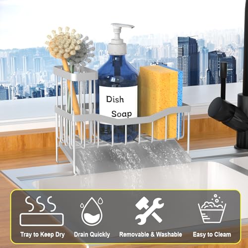 Maifan Sink Caddy Sponge Holder for Kitchen with Brush Holder and Stainless Steel Self Drain Tray, Rustproof Kitchen Sink Organizer for Sponge, Soap Dispenser Storage Accessories (Lacquer Silver) - color: Lacquer Silver