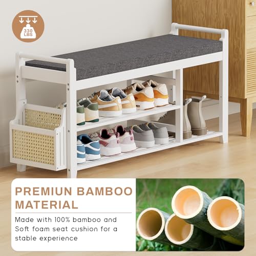 Homaxy 2-Tier Shoe Rack Bench with Side Holder, 39.4 in Bamboo Entryway Bench, Shoe Rack Organizer with Cushion for Front Entrance, Hallway Living Room Bedroom, White and Dark Grey - color: White and Dark Grey, size: 39.4 in