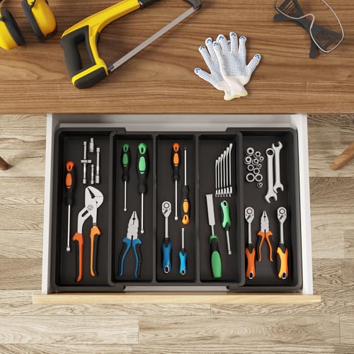 Lifewit Utensil Organizer for Kitchen Drawers, Expandable Cooking Utensil Tray, Adjustable Cutlery Silverware Flatware Holder, Plastic Spatula Tools Storage Divider, 13-22 x 15", Black - color: Black, size: Large(13-22''W x 15"D)