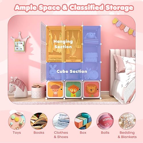 Costzon Kids Closet, Cartoon DIY Modular Dresser Storage Organizer with 12 Cubes & 2 Clothes Hanging Rack, Portable Armoire for Baby Toddlers, Kids Wardrobe for Bedroom Nursery (Pink) - color: Pink, size: 12 Cubes