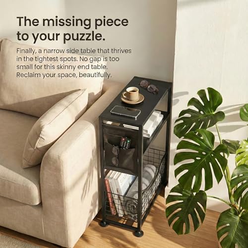 Skinny Side Table with Storage, 3 Tier Slim Side Tables for Small Spaces, Skinny End Table Narrow Bedside Table Narrow Side Table for Living Room, Bedroom - color: Black