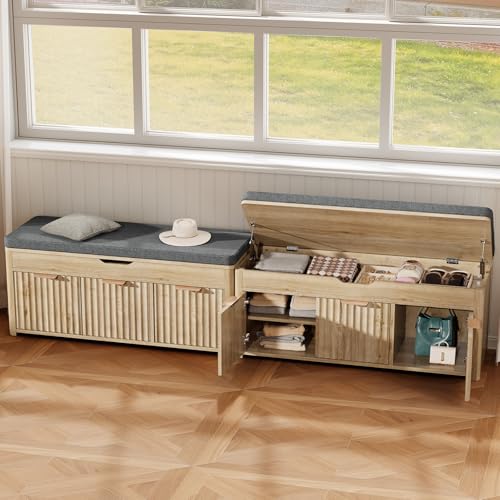 Shoe Bench with Storage - Lift Top Entryway Bench with Hidden Storage, Shoe Rack with Adjustable Shelves and Cushioned Seat, Wooden End of Bed Bench for Bedroom, Living Room and Hallway,Nature