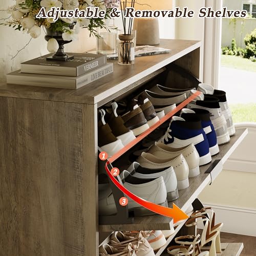 Shoe Storage Cabinet with 2 Flip Drawers, Narrow Wood Shoe Organizer Cabinet with Fluted Panel, Slim Shoe Rack for Entryway, Freestanding Shoe Cabinet for Living Room, Hallway, Grey - color: Grey, size: 2-Drawers