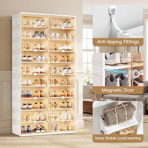 JEKO&JEKO 8 Tiers Foldable Shoe Rack Organizer Cabinet for Closet Entryway, Large Collapsible Shoe Storage Box with Magnetic Doors Fits Up to 32 Pairs (White) - color: Double-row, size: 8 Tiers (Standard Tiers Only)
