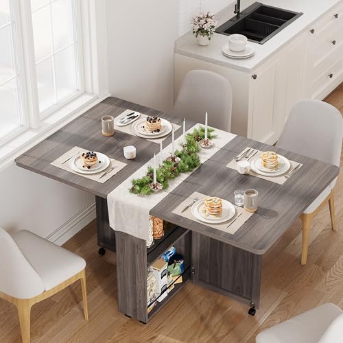 Garvee Folding Dining Table with Storage, Folding Kitchen Table with 6 Wheels, Drawer & Shelves, Compact Dining Table for Small Spaces - color: Grey