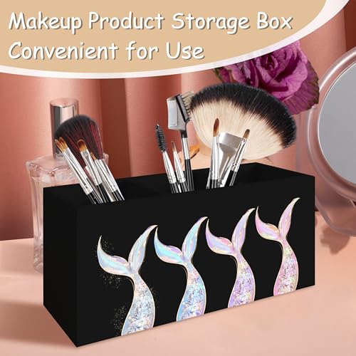 Mermaid Gifts for Girls Women, Pastel Mermaid Beach Pen Pencil Holder Organizer for Desk, Coastal Ocean Wooden Box Block Sign for Home Classroom Dorm Office Tabletop Decor（Black） - color: Black