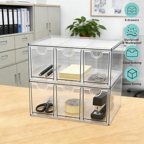 Prsildan Acrylic Makeup Organizer, 2 Pack Stackable Storage Drawers with 6 Drawers for Office Desk Vanity Craft Room Clear Drawer Organizers for Hair Accessories Art Supplies Cosmetics Modular System - style: Style3-6Drawers