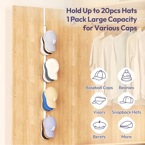 SWTYMIKI Over Door Hat Rack -1 Packs Metal Hanging Hat Organizer with 4 Hooks Design, Baseball Cap Hanger Organizer Storage Holds up to 20 Caps for Door, Bedroom, Closet - color: White, size: 1 Pack