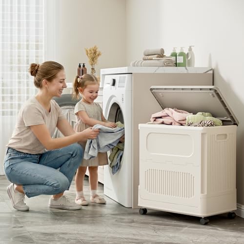 HAIXIN HOME Slim Rolling Laundry Hamper with Lid, 60L Foldable Plastic Laundry Basket on Wheels with Handle, Dirty Clothes Hamper Cart for Narrow Spaces, Bedroom, Bathroom, Closet, Dorm, Under Table - color: Milky, size: 60L - 1 Pack