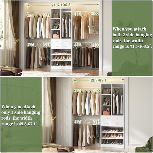 Besiost Closet System, 4.2–8.8 FT Closet Organizer with 2 Wooden Drawers and Shelves, Walk-in Closet System with 5 Hang Rods, Built-in Reach in Closet Tower, Can Fit 60 to 96 inch, White - color: White