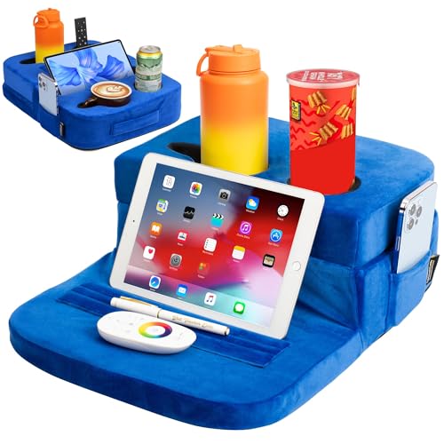 TabCouchCaddy - Couch Cup Holder Tray Pillow - Bed, Couch Caddy, Sofa, RV & Car - Holds Drinks, Snacks, Remotes, Phones, Kindle, Tablet | Bed Cup Holder (Blue) - color: Blue