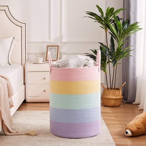 80L Extra Large Rainbow Laundry Hamper for Baby Girls Clothes Tall Woven Laundry Basket for Kids Nursery Toy in Playroom Blanket Basket for Living Room Bedroom 16"D x 22"H Pastel Unicorn - color: Pastel Rainbow, size: Extra Large (80L)