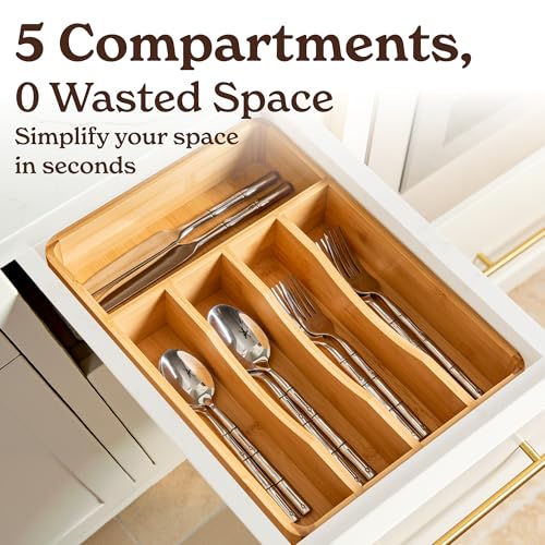 SMIRLY Silverware Drawer Organizer – Bamboo Kitchen Drawer Organizer, Adjustable Utensil Holder and Cutlery Tray, Drawer Dividers for Flatware and Kitchen Utensils - size: 5 Slot