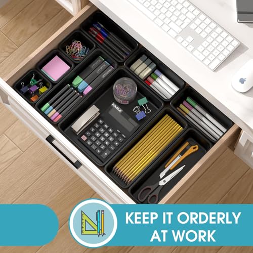 StoreHappily 10 PCS Drawer Organizer Set, 4 Size Makeup Drawer Divider Organizer With Non-Slip Pads, Interlocking Plastic Storage Bins for Office,Jewelry Vanity,Gadgets, Bathroom,Kitchen, Black - color: Black, size: 10Pack