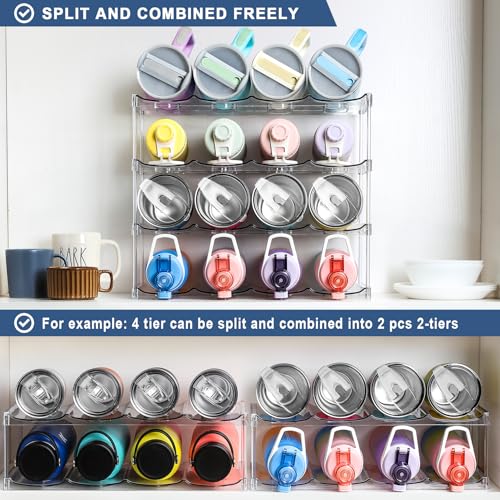 LARGER Compartment - 4 Tier Stackable Water Bottle Organizer Holder - for Stanley 40oz & Others' Large Tumbler - Clear Wine Rack, 16 Cup Bottle Holder for Cabinet Home Countertop Fridge Pantry Shelf - color: Clear, size: 4 Tier - Hold 16