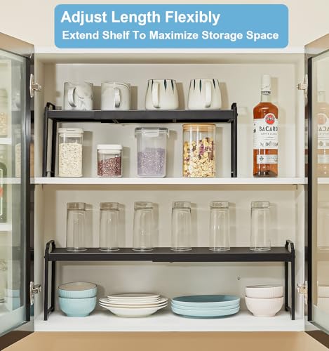 25.5 Inches 3 Pack Expandable Cabinet Shelves, Stackable Shelf Organizer For Kitchen Cabinet Countertop Storage, Adjustable Counter Cupboard Pantry Organizer Shelf Rack Stand Riser, Black - color: Black, size: 3 Pack: 15.5"-25.5"L
