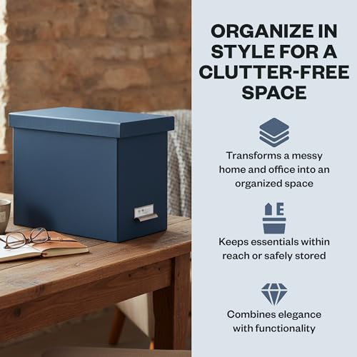 Bigso John Fiberboard Label Frame Desktop File Storage Box - Document Organizer for Important Paperwork - Durable Hanging File Box with a Lid & Metal Label Window - 7.36 x 13.38 x 10.51 in - Blue - color: Navy Blue