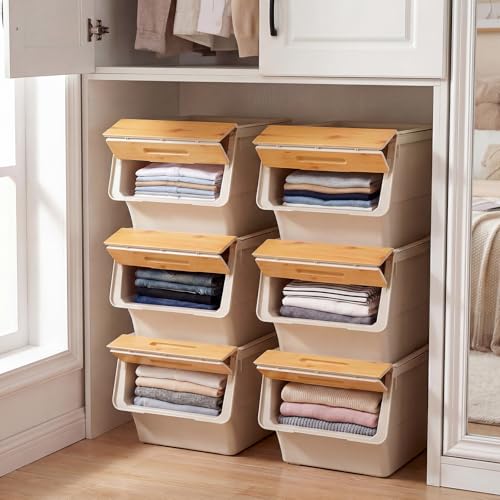 Giantex Plastic Stackable Storage Bins with Lids & Wheels, 3 Pack Open Front Stacking Bins, Organizer Bins for Pantry, Kitchen, Laundry, Closet, Playroom, Bedroom Organization (35 QT) - color: White + Natural, size: 3 Pack, 35 QT