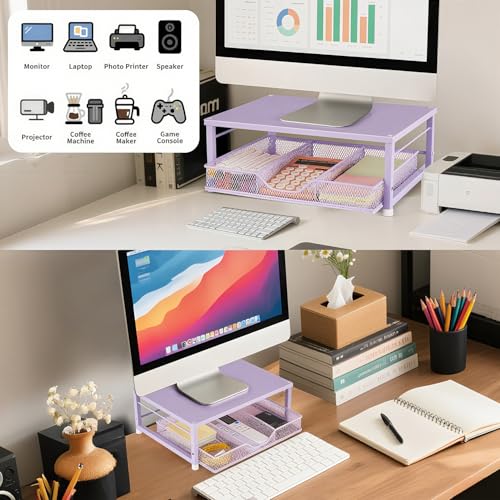 Small Laptop Stand for Desk, Monitor Stand, Office Desk Accessories, Computer Desktop Stand with Drawer for Home, Office, School (Purple) - color: Purple