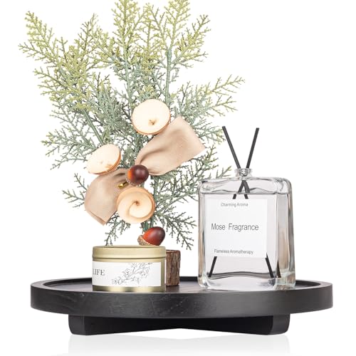 Round Decorative Tray Wood Bathroom Counter Organizer Farmhouse Kitchen Decor Wooden Riser for Soap Dish, Perfume, Candle, Sponge, 10" - Black - color: Black, size: 10"