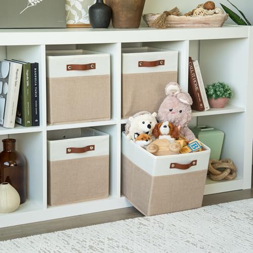 OrganiHaus 11" x 11" x 11" Fabric Cubes Storage Bins Set of 4, Foldable Collapsible Canvas Storage Bins for Organizer, Toy Organizer for Kallax, 11 Inch Linen Cube Shelf Baskets - Beige/White - color: Beige Base / Off-White, size: (11x11) Leather Handles