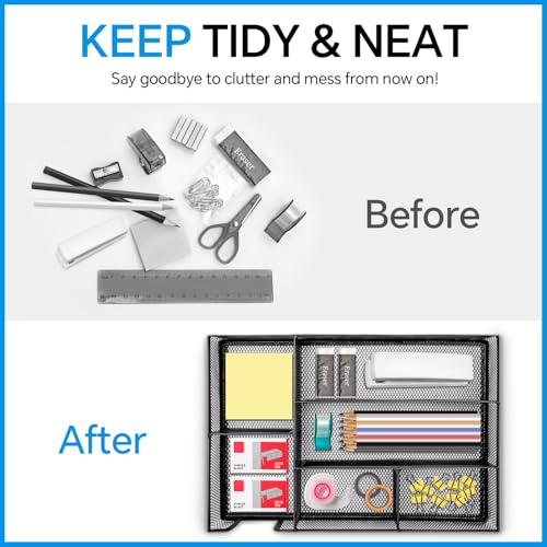 Desk Drawer Organizer, Office Drawer Divider Organizer Tray with 6 Compartments, Metal Mesh Desktop Organization and Accessories for Stationery Makeup Kitchen Toolroom School ＆Office, 12.6x8.27x1.6 in - size: Large-2 Pack