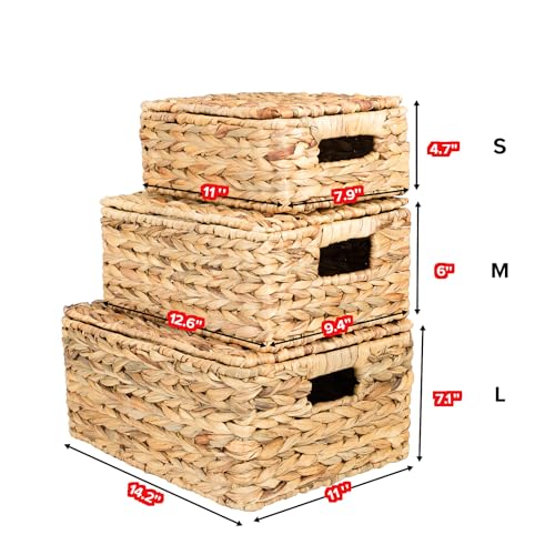 Wicker Storage Baskets, Hand-Woven Rectangular Wicker Basket with Lid for Bedroom & Living Room, Nesting Rattan Basket for Shelves (Water Hyacinth, 3-Pack)