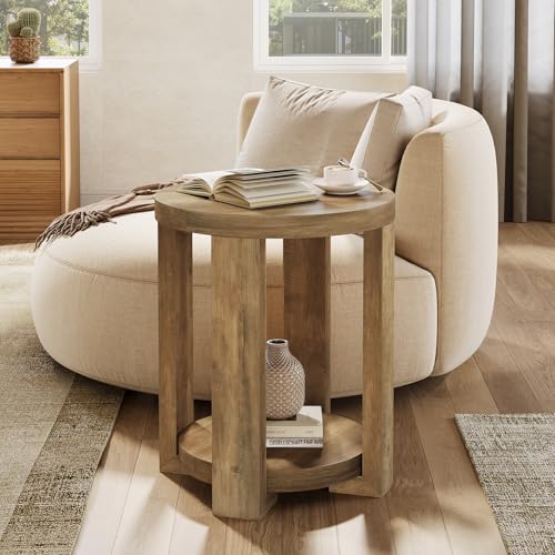 Tribesigns Side Table, 2-Tier Round End Table, Small Bedside Accent Furniture for Living Room, Bedroom (1, Brown)