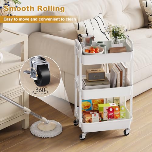 3 Tier Rolling Cart with Wheels, White Plastic Three Tiered Roller Shelf Cart on Lockable Wheels, Small Utility Storage Organzier Carts for Craft, Art, Baby Diaper Caddy, Snack, Dorm, Kitchen,Bathroom - color: White