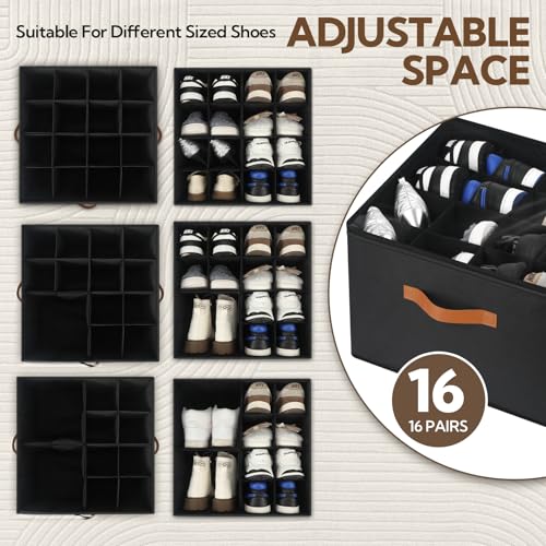VZZNN 2 Pack Shoe Organizer for Closet, Foldable Shoe Storage Bins with Clear Cover and Adjustable Dividers, Fits up to 16 Pairs, Large Shoe Box Storage Containers with Reinforced Handles (Black) - color: Black