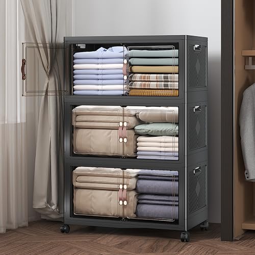 UAMFURI Extra Large Stackable Storage Bins with Lids & Wheels, 165QT-55QT/14GAL*3Pack Foldable Collapsible Closet Organizers Dark Storage Cabinet with Doors for Bedroom Dorm - color: Black, size: 3PACK-25"W16"D45"H
