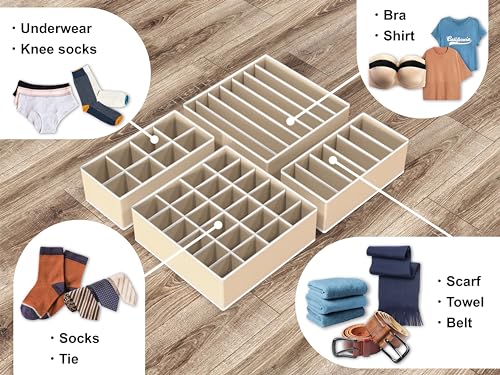 Simple Houseware 4-Pack Drawer Organizer Set - Closet Dividers for Underwear, Socks, Bras, Scarves, Ties - Foldable Non-Woven Storage Boxes, Beige - color: Beige, size: 4 Pack
