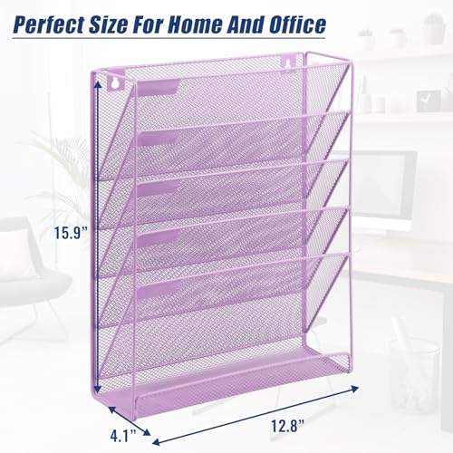 EASEPRES Desk File Organizer Mesh 6 Tier, Hanging Wall Mount Document Organization Stand, Desktop Vertical Mail Paper Folder Holder Rack with Bottom Tray for Office Home Cubicle, Light Purple - color: Light Purple, size: 6 Tier