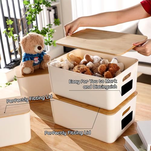 Suzile 6 Packs Plastic Storage Bins with Bamboo Lids Christmas Stackable Storage Containers for Xmas Decoration Ornaments Document Paper Organizing, with Labels and Marker(Medium Large) - size: Medium Large