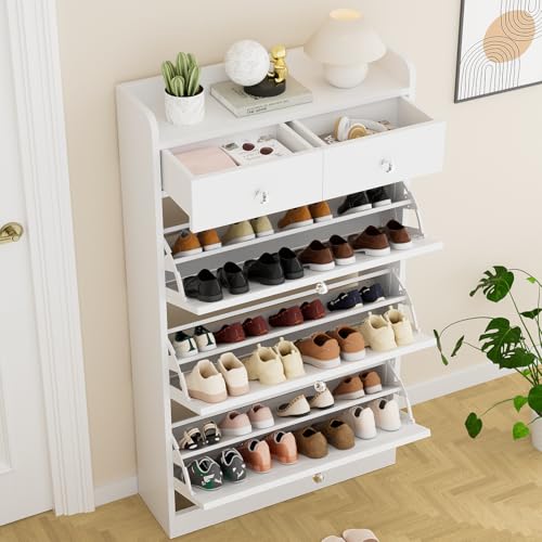 VOWNER Shoe Cabinet with 3 Flip Drawers & 2 Drawers, Freestanding Shoe Storage Cabinet with Adjustable Shelves, Shoe Organizer for Entryway, Hallway, Living Room, White