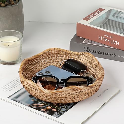 Hipiwe Natural Rattan Tray 8.5" Wicker Storage Bowls Hand Woven Basket Tray for Bread Fruit Key Round Fruit Baskets for Kitchen Entryway Tabletop Decorative Baskets Bowl - color: Natural Color, size: Small,8.5"