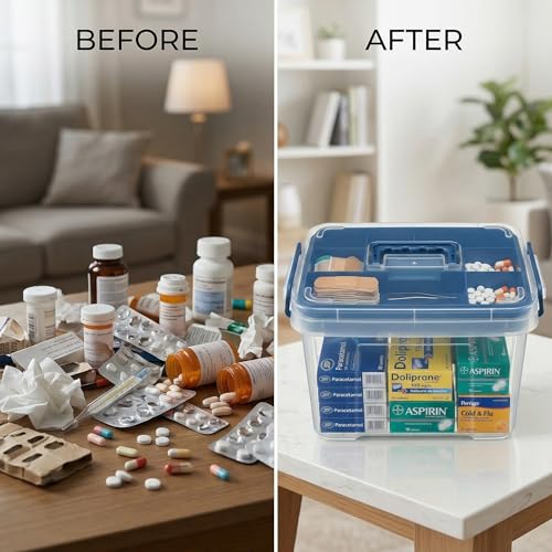 Pulseplay Clear Medicine Organizer Box with Handle Medicine Cabinet Organizer with Removable Tray First Aid Box Empty for Home Travel Outdoor (Blue) - color: Blue