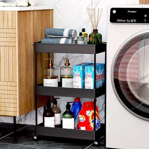 SPACEKEEPER Rolling Storage Cart 3 Tier Bathroom Cart Organizers with Wheels Laundry Room Organization Mobile Shelving Unit Utility Cart Storage Shelves Multi-Functional for Office, Home, Black - color: Black, size: 3 Tier