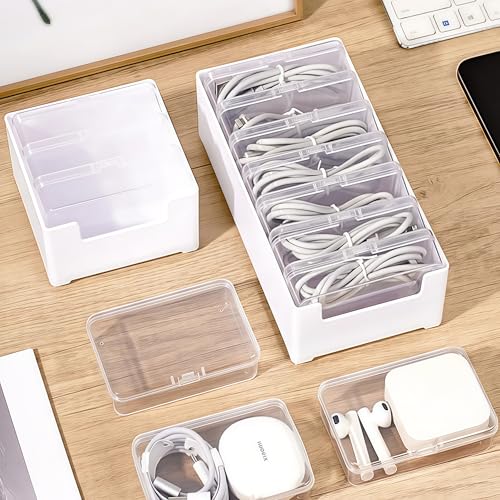 Cable Organizer Storage Box with 7 Wire Ties,Desktop Cable Management Box with Switch, Power Cord Organizer for Office,Home,Desk Accessories Storage Stationery Supplies（Clear） - size: 7 Box