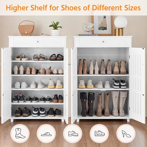 Yaheetech Shoe Cabinet, 5-Tier Shoe Rack Organizer with 1 Drawer, Freestanding Wooden Shoe Storage Cabinet with 2 Louvered Door & Adjustable Shelves for Entryway Hallway, White - color: White, size: 31 x 15 x 45.5''