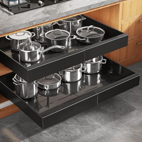 Seinloes 2 Pack Expandable Pull Out Cabinet Organizer 21"Deep With Raising Pad for Framed Cabinets,Upgrade 3 Slide Rails Slide Out Drawers,Roll Out Shelves Adhesive,Adjustable Width 15.15"-26.3" Black - color: Black, size: 21"D x 15.15"-26.3"W(2Pack)