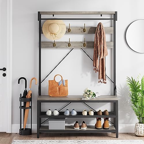 IDEALHOUSE Coat Rack Shoe Bench Industrial Hall Tree Storage Bench for Entryway Wood Look Accent Large Shoe Rack with Storage Shelf Hanging Bar,8 Hooks Grey 39.9"x15.7"x72" - color: Grey