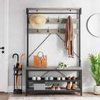 IDEALHOUSE Coat Rack Shoe Bench Industrial Hall Tree Storage Bench for Entryway Wood Look Accent Large Shoe Rack with Storage Shelf Hanging Bar,8 Hooks Grey 39.9"x15.7"x72" - color: Grey
