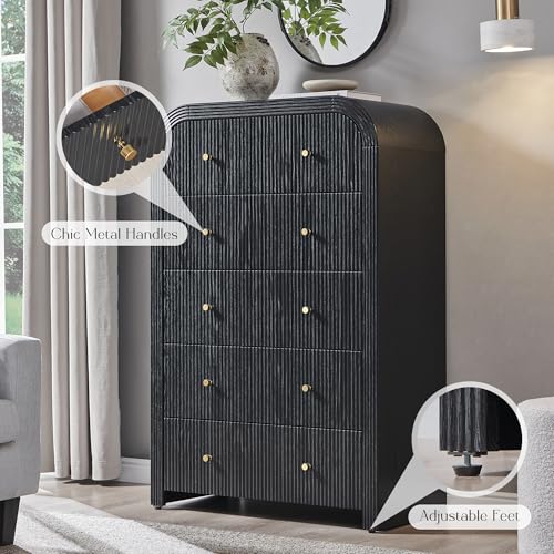 T4TREAM Fluted 5 Drawers Dresser, 48" Tall Modern Chest of Drawers with Thickened Curved Profile Design, Wood Closet Clothes Storage Organizer for Bedroom, Living Room, Hallway, Black Oak - color: Black Oak, size: 15.7"D x 31.5"W x 47.6"H (5 Drawers)