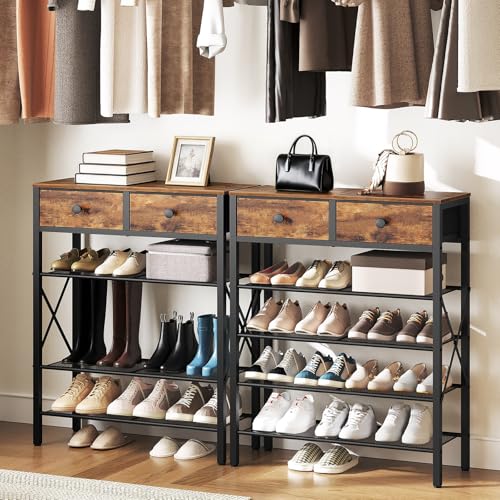YATINEY 5 Tier Shoe Rack, Large Capacity Shoe Storage Organizer, Metal Shoe Shelf with Drawer and Wooden Top, for 20 Pairs of Shoes, for Entryway, Closet, Rustic Brown and Black SS25BRY1N1 - color: Rustic Brown + Black, size: 27.7" x 10.8" x 37.7"