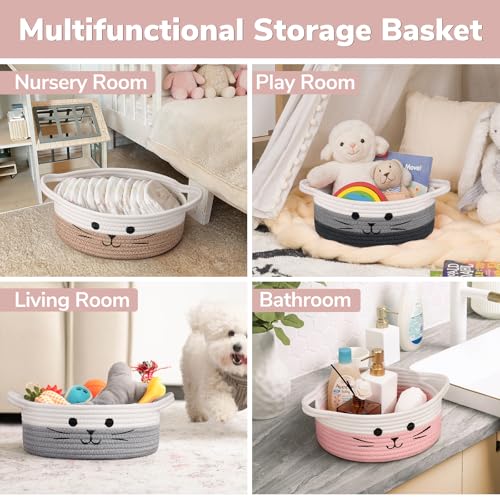 Cute Cat Toy Basket, Decorative Baby Gift Basket for Girls, Small Woven Baskets for Nursery Living Room, White & Pink, 9.8 x 4 inches - color: White & Pink, size: 9.8"W x 4"H
